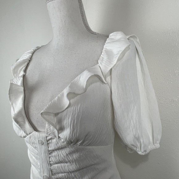 Blue Blush Dress Women Small White Puff Sleeve Ruffled Low V-Neck Mini - Picture 8 of 12